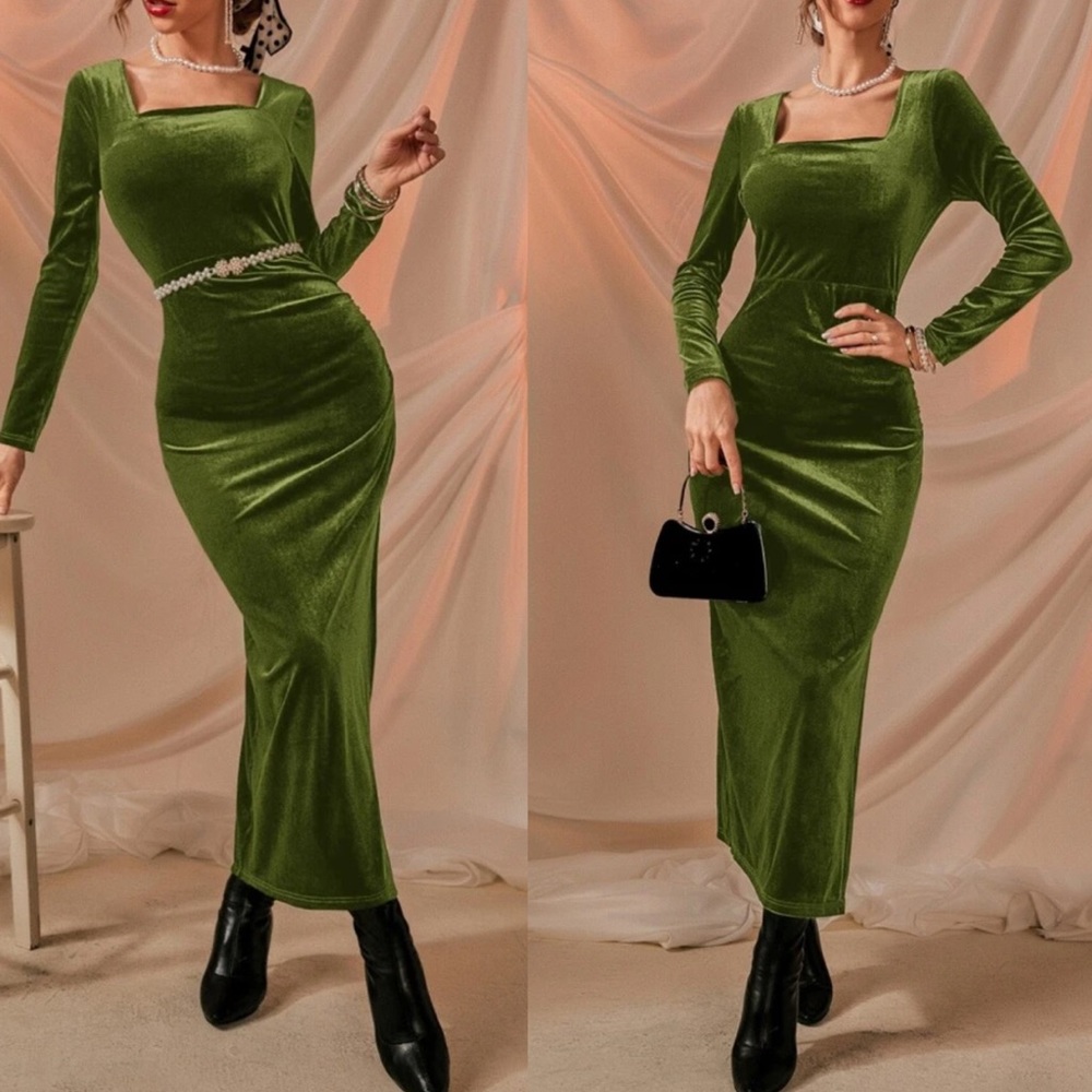 Velvet square neck split thigh maxi dress - Picture 7 of 7